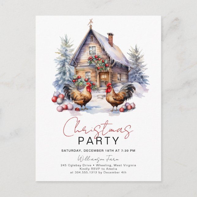 Cosy Winter Farm Country Chicken Christmas Party  Postcard (Front)