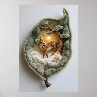 🦌 Cosy Winter Fawn Scene Whimsical Handmade Art Poster