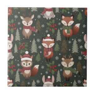 Cosy Winter Forest Friends with Snowflakes Ceramic Tile