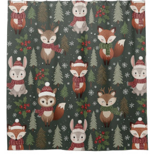 Cosy Winter Forest Friends with Snowflakes Shower Curtain
