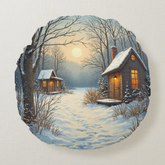 Cosy winter home scenery round cushion