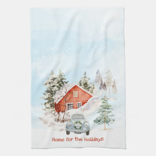 Cosy Winter House and Vintage Car Christmas  Tea Towel