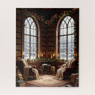 Cosy Winter Library with Holiday Garland and Snowy Jigsaw Puzzle