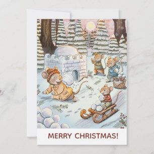 Cosy Winter Mice at a Snowy Woodland Cottage Holiday Card
