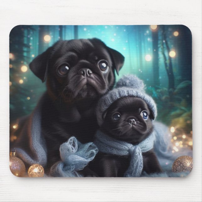 Cosy Winter Night Pug Puppies Forest Mouse Pad (Front)