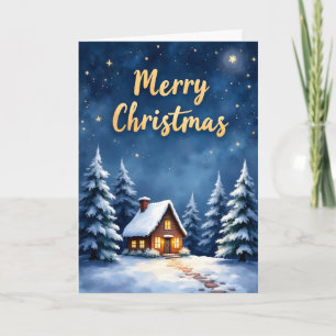 Cosy Winter Night Snowy Cabin Christmas Card