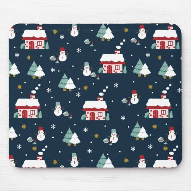 Cosy Winter Night Village and Snowmen Mouse Pad (Front)