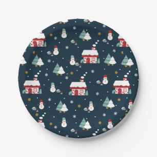 Cosy Winter Night Village and Snowmen Paper Plate