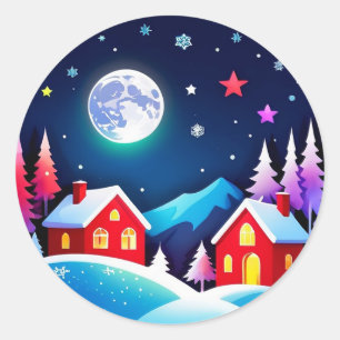 Cosy Winter Night Village Scene Classic Round Sticker