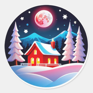 Cosy Winter Night Village Scene Classic Round Sticker