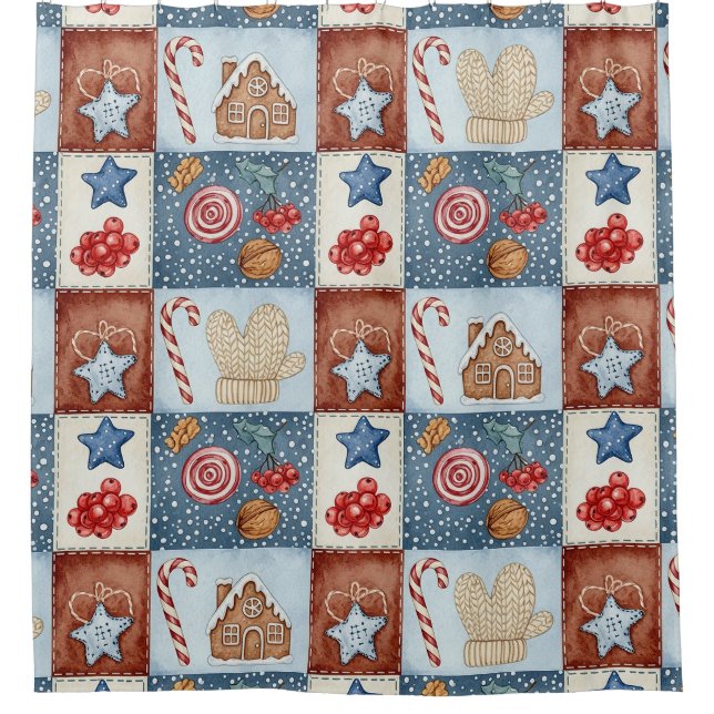 Cosy Winter Patchwork Christmas Shower Curtain (Front)