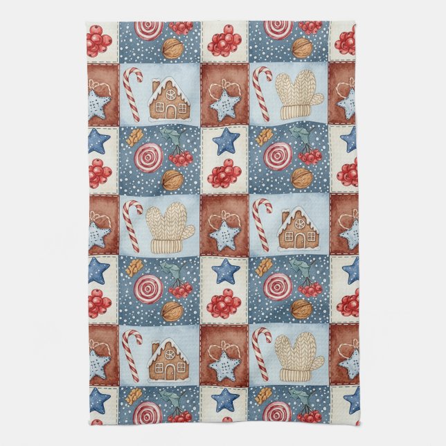 Cosy Winter Patchwork Christmas Tea Towel (Vertical)