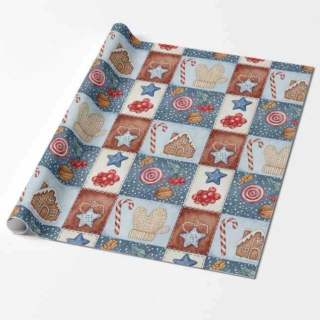 Cosy Winter Patchwork Christmas Wrapping Paper (Unrolled)
