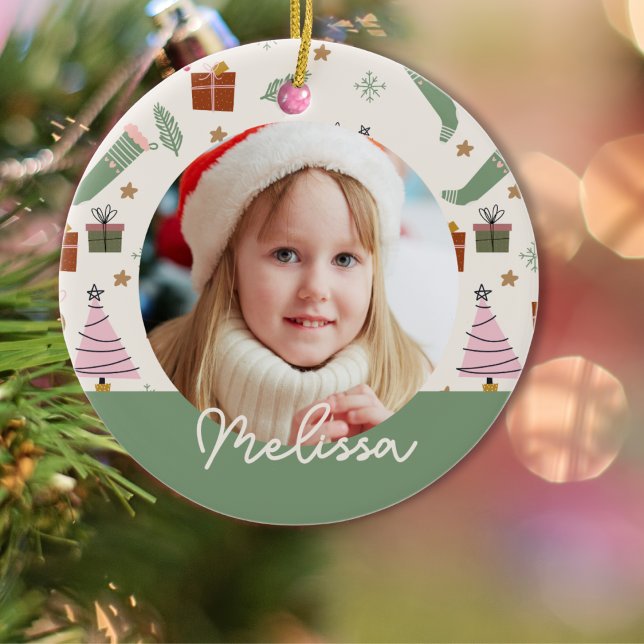 Cosy Winter Pink Green Christmas Photo   Ceramic Ornament (Creator Uploaded)