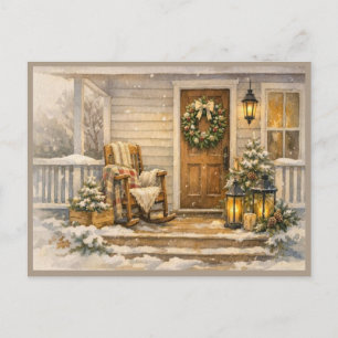 Cosy Winter Porch Watercolor Art Postcard