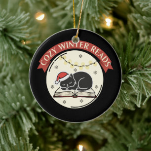 Cosy Winter Reads Cute Christmas Cat Book Lover Ceramic Ornament