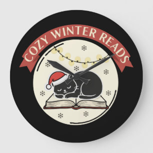Cosy Winter Reads Cute Christmas Cat Book Lover  Large Clock
