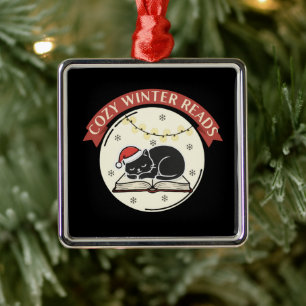 Cosy Winter Reads Cute Christmas Cat Book Lover Metal Ornament