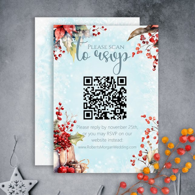 Cosy Winter Rowan berry bouquet QR code Wedding RSVP Card (Creator Uploaded)