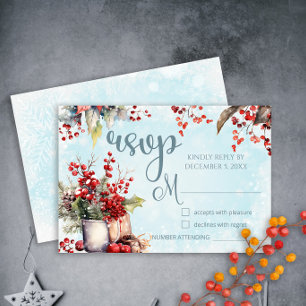 Cosy Winter Rowan berry bouquet Wedding RSVP Card