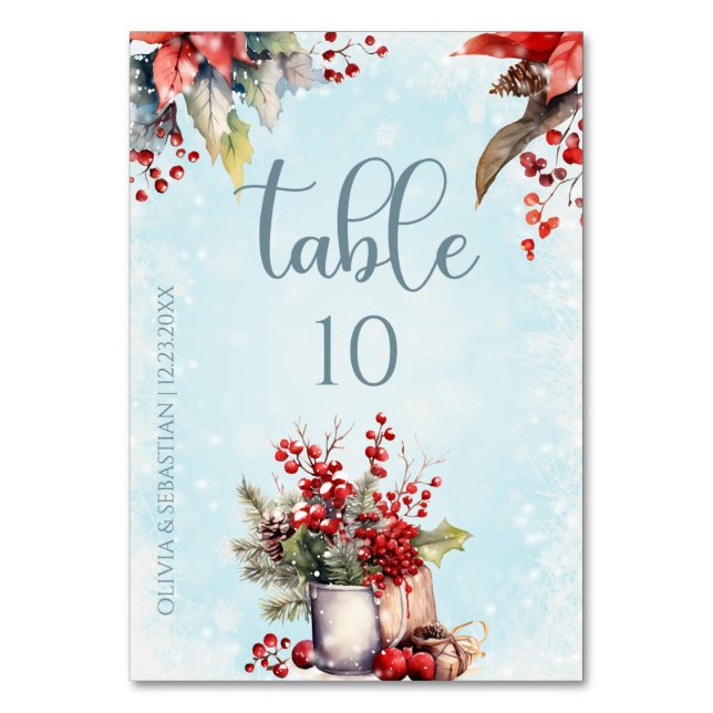 Cosy Winter Rowan berry bouquet Wedding Table Number (Front)