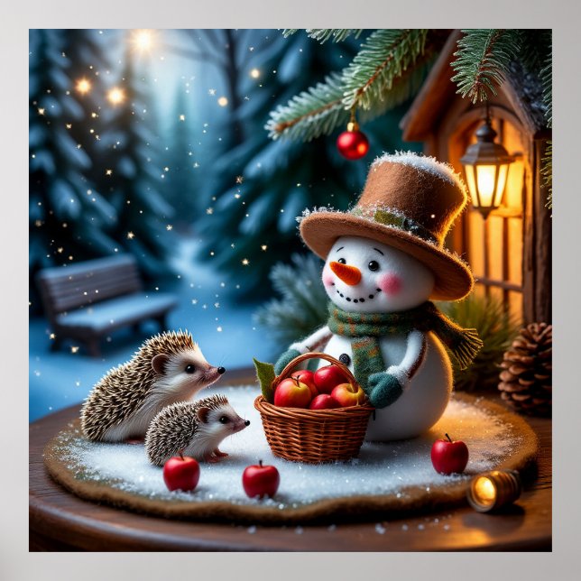 Cosy Winter Scene With Snowman, Hedgehogs Poster (Front)