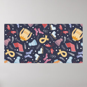Cosy winter things on a blue background. Knitted c Poster