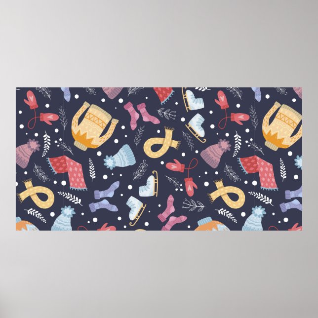 Cosy winter things on a blue background. Knitted c Poster (Front)