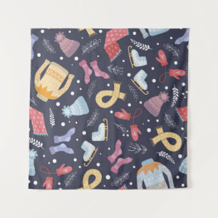 Cosy winter things on a blue background. Knitted c Tapestry
