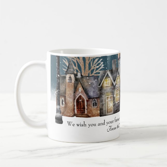Cosy Winter Village at Night with Falling Snow Coffee Mug (Left)