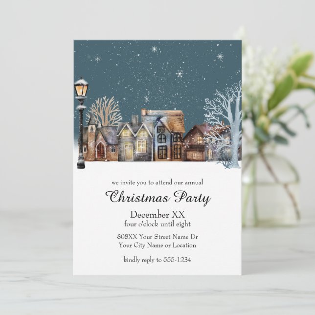 Cosy Winter Village at Night with Falling Snow Invitation (Standing Front)
