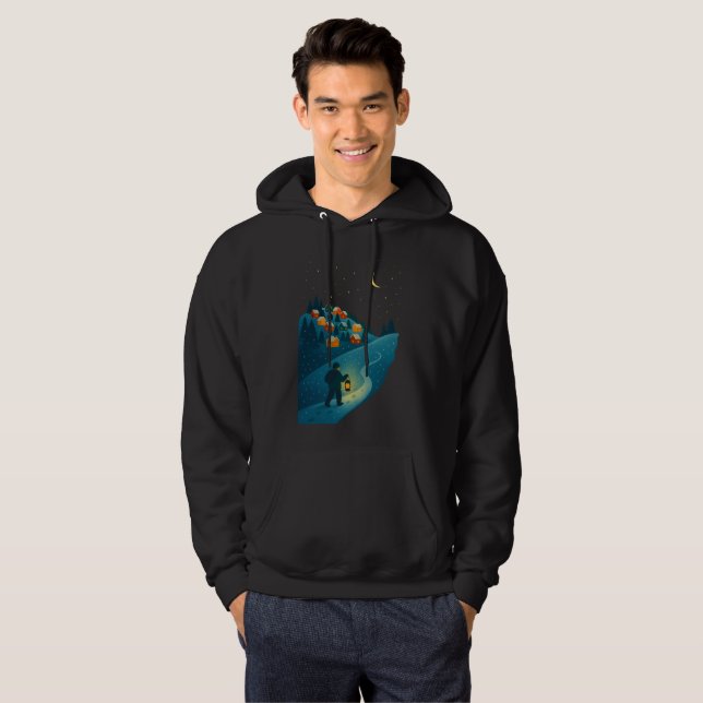 Cosy Winter Village Lantern Walk Illustration Hood Hoodie (Front Full)