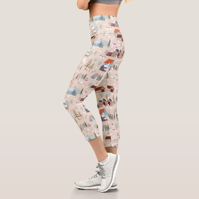 Cosy Winter Village Scene Pattern Capri Leggings (Left)