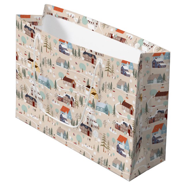 Cosy Winter Village Scene Pattern Large Gift Bag (Front Angled)