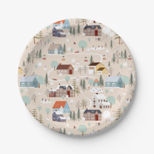 Cosy Winter Village Scene Pattern Paper Plate