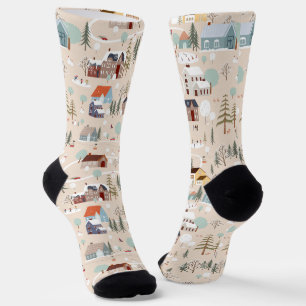 Cosy Winter Village Scene Pattern Socks