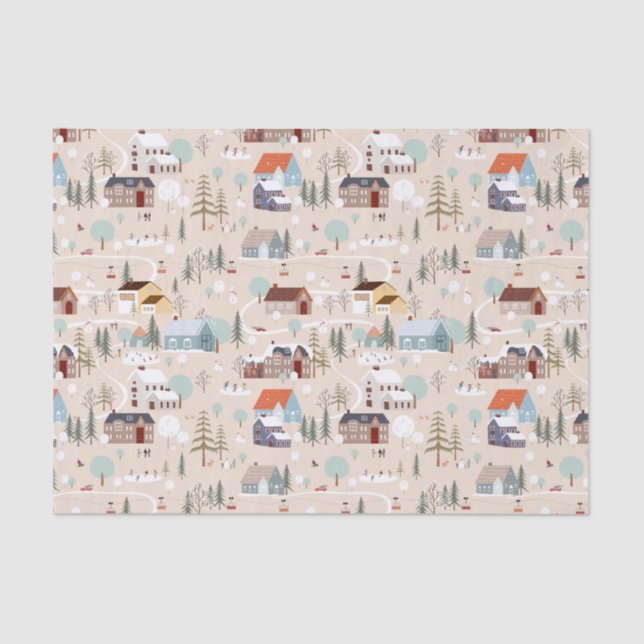 Cosy Winter Village Scene Pattern Tissue Paper (Front)