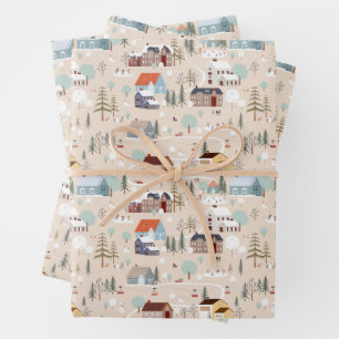 Cosy Winter Village Scene Pattern Wrapping Paper Sheet