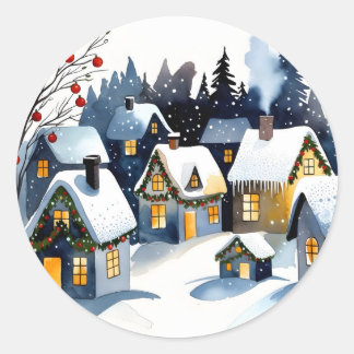 Cosy Winter Village Watercolor Christmas Classic Round Sticker