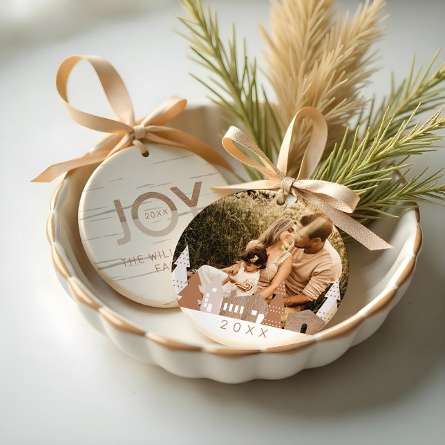 Cosy Winter Village Woodgrain Home Family Photo Ceramic Ornament (Cozy Winter Village Woodgrain Home Family Photo Ceramic Ornament)