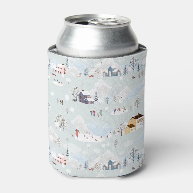 Cosy Winter Wonderland Ice Skating Village Pattern Can Cooler (Can Front)