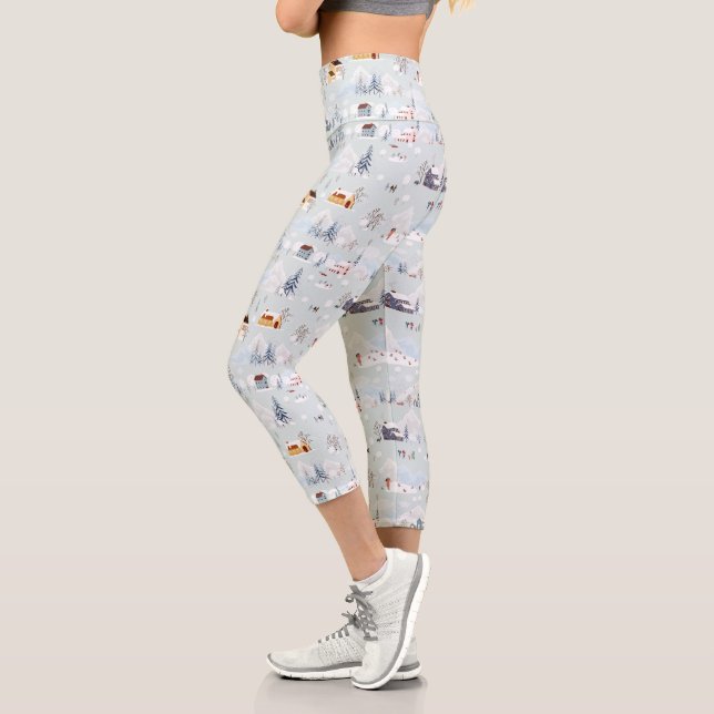 Cosy Winter Wonderland Ice Skating Village Pattern Capri Leggings (Left)