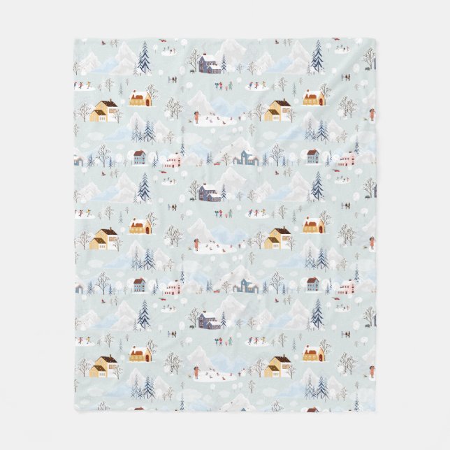 Cosy Winter Wonderland Ice Skating Village Pattern Fleece Blanket (Front)