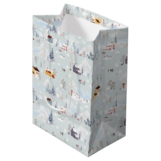 Cosy Winter Wonderland Ice Skating Village Pattern Medium Gift Bag (Front Angled)