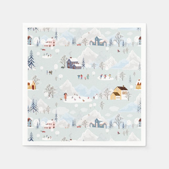 Cosy Winter Wonderland Ice Skating Village Pattern Napkin (Front)