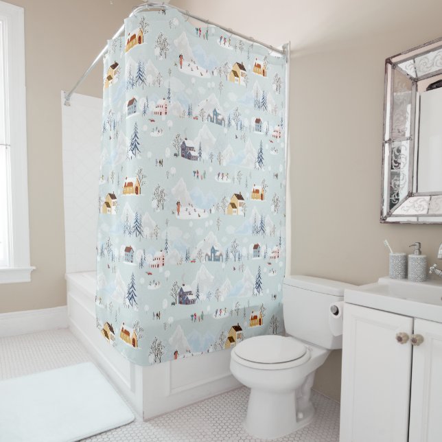 Cosy Winter Wonderland Ice Skating Village Pattern Shower Curtain (In Situ)