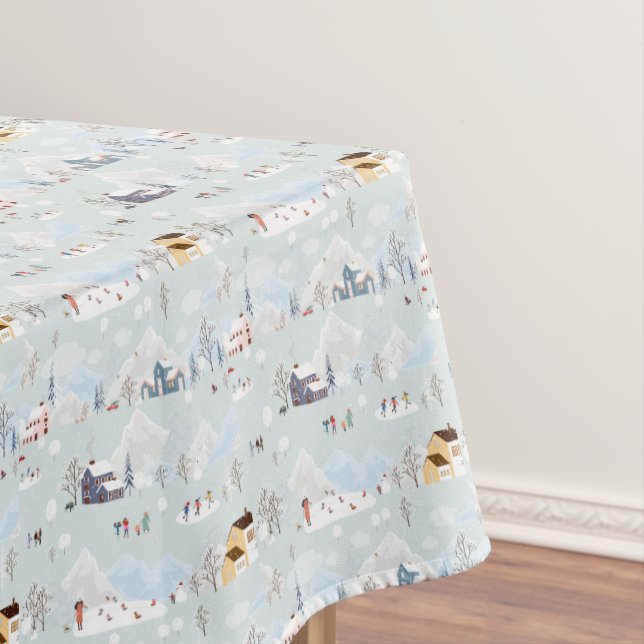 Cosy Winter Wonderland Ice Skating Village Pattern Tablecloth (In Situ)