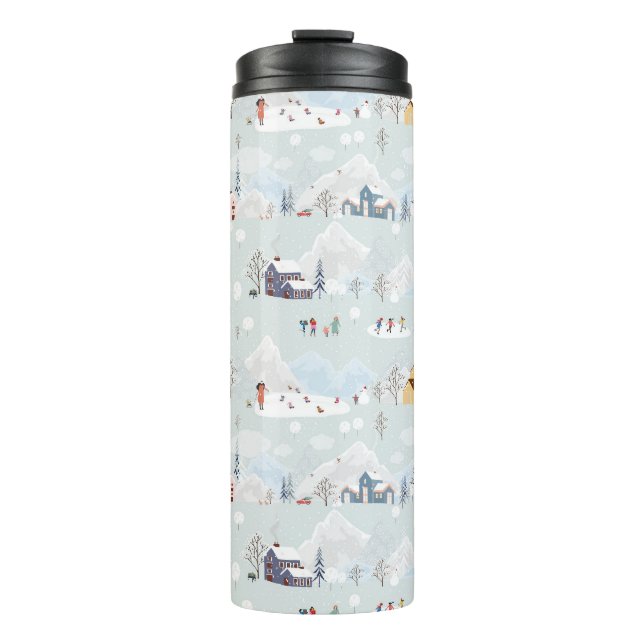 Cosy Winter Wonderland Ice Skating Village Pattern Thermal Tumbler (Front)