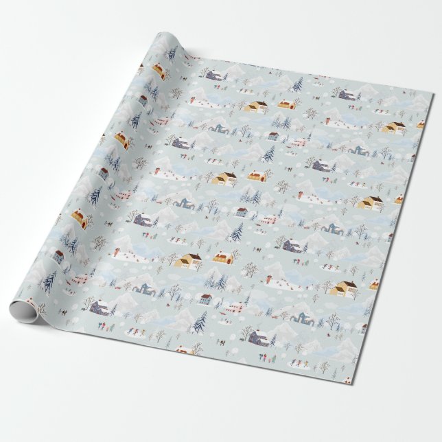 Cosy Winter Wonderland Ice Skating Village Pattern Wrapping Paper (Unrolled)