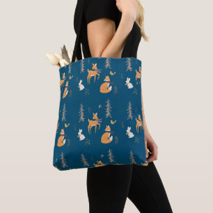 Cosy Winter Woodland Animals Folk Art on Blue Tote Bag